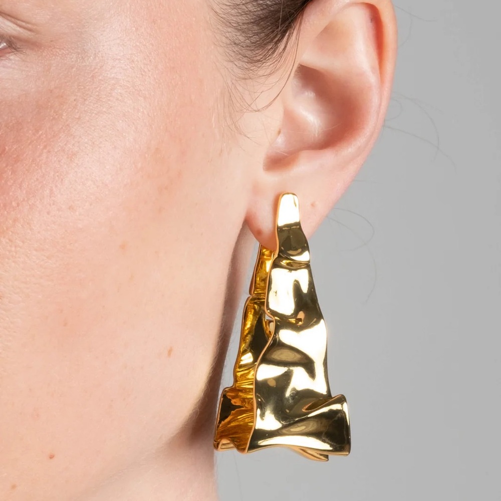 Alexis Bittar Crumpled Metal 3D Gold Triangle Tapered Hoop Earrings